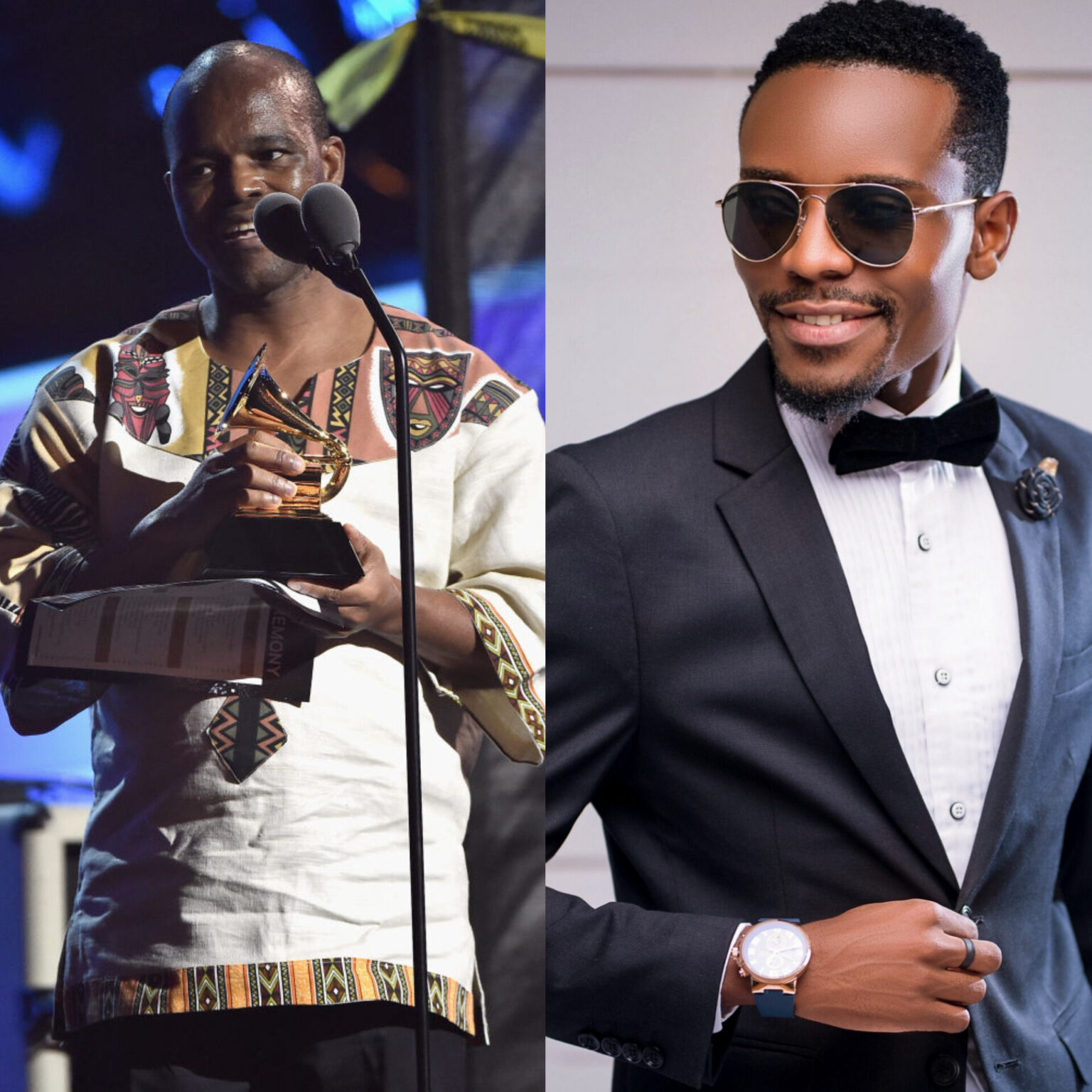 Lady Smith Black Mambazo flaunting their Glammy Award, and Namadingo admiring.